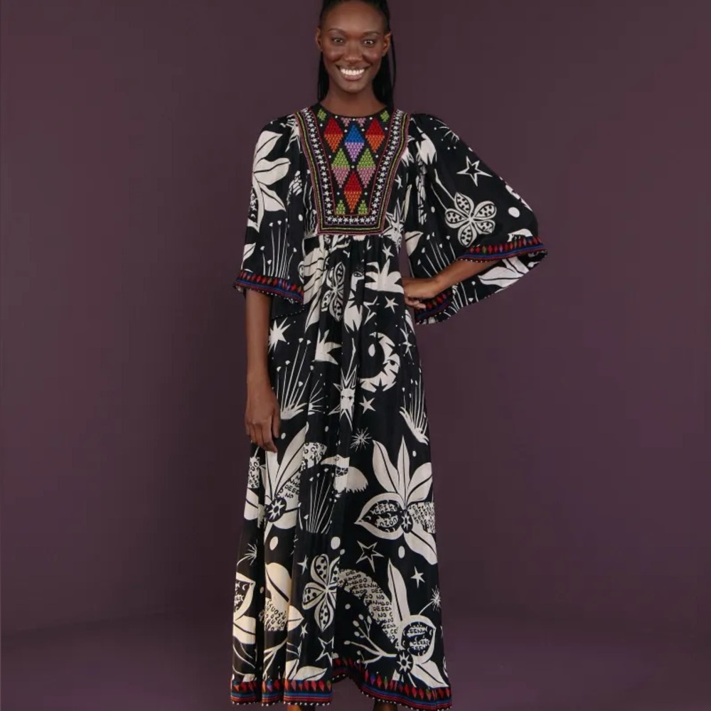 Farm Rio Cerrado Sky Black and White Floral Maxi Dress with Colorful Embroidery